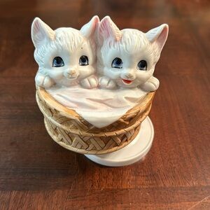 2 White Kitten in Basket Ceramic Music Box Musical